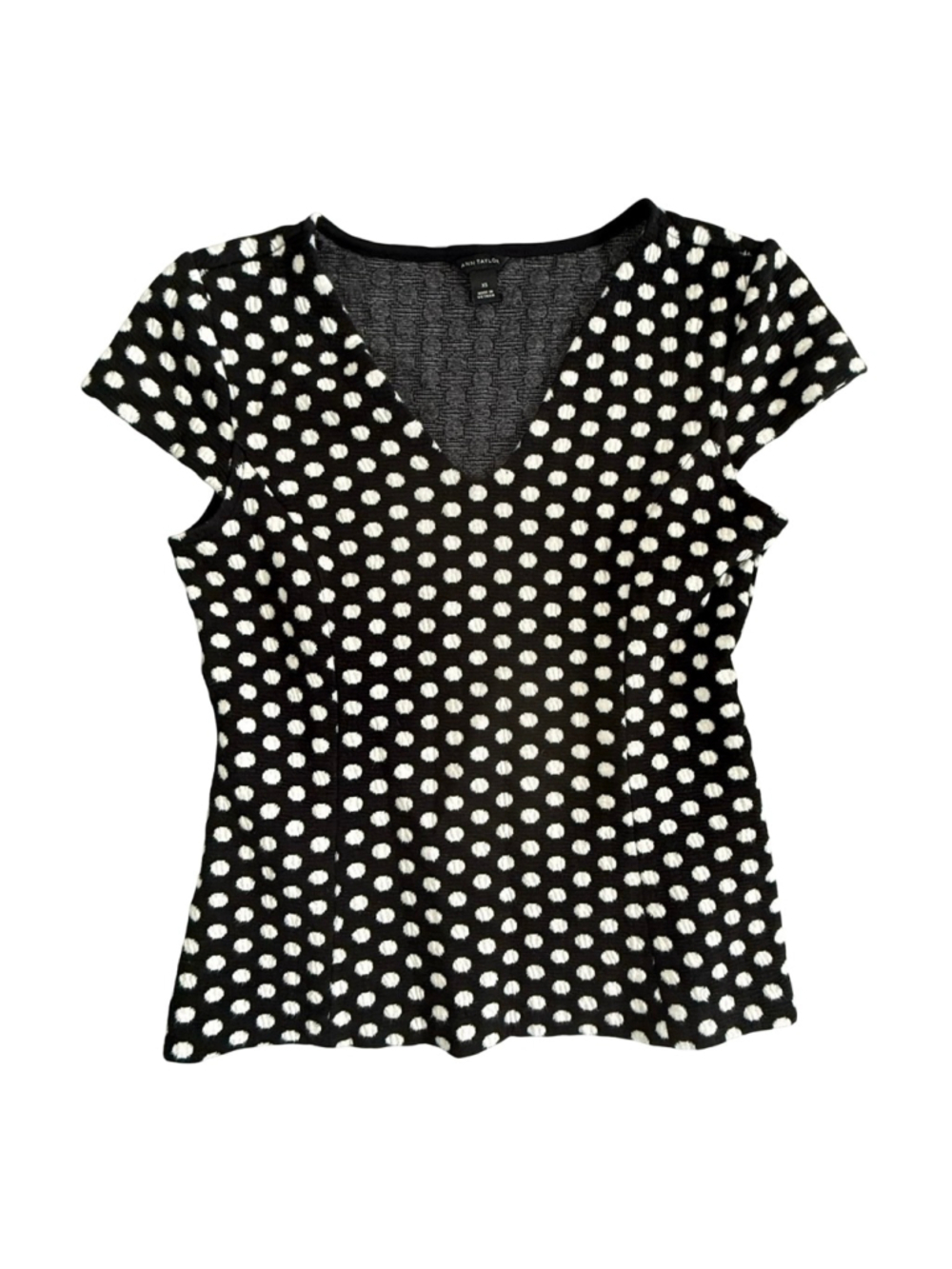 Ann Taylor Black White Polka Dot V-Neck Textured Top XS